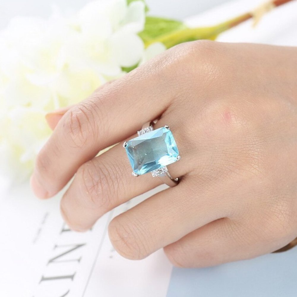 Jewelry ring engagement promise blue emerald rectangle center 925 sterling